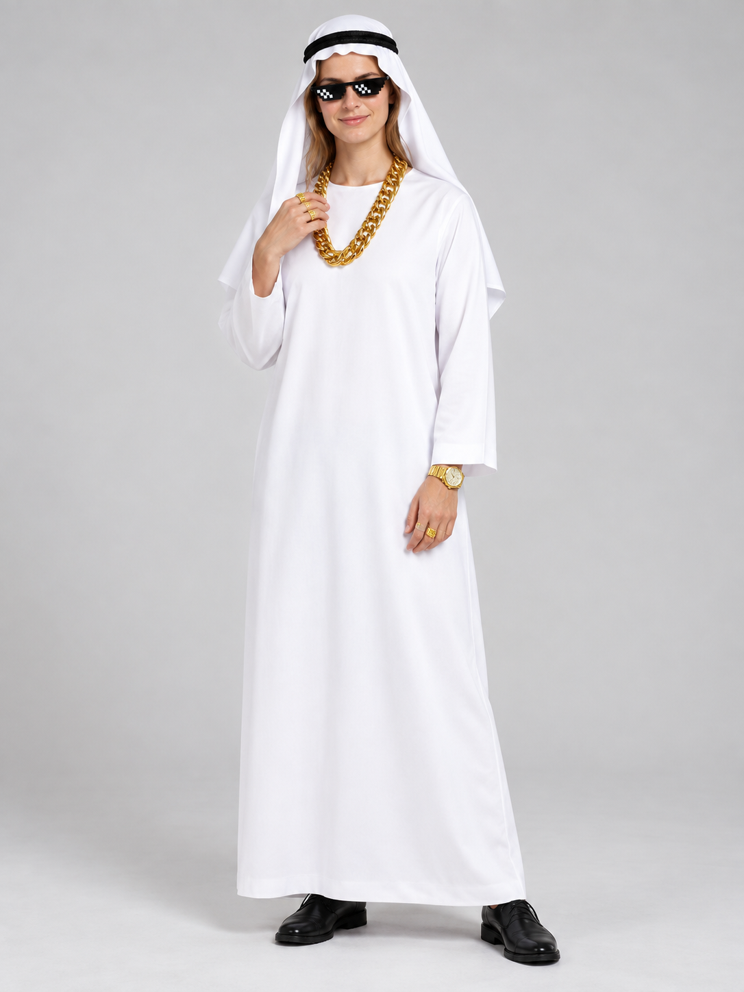 Traditional white shirt with headwear and glasses