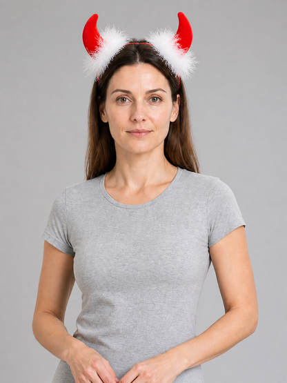 Carnival Headband with Red Horns and Feathers Costume Headwear detail