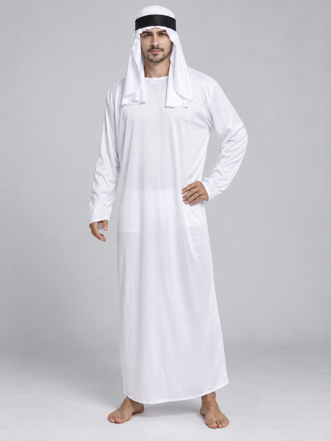 Arabic Cosplay Costume: White Robe, Headscarf, Beard
