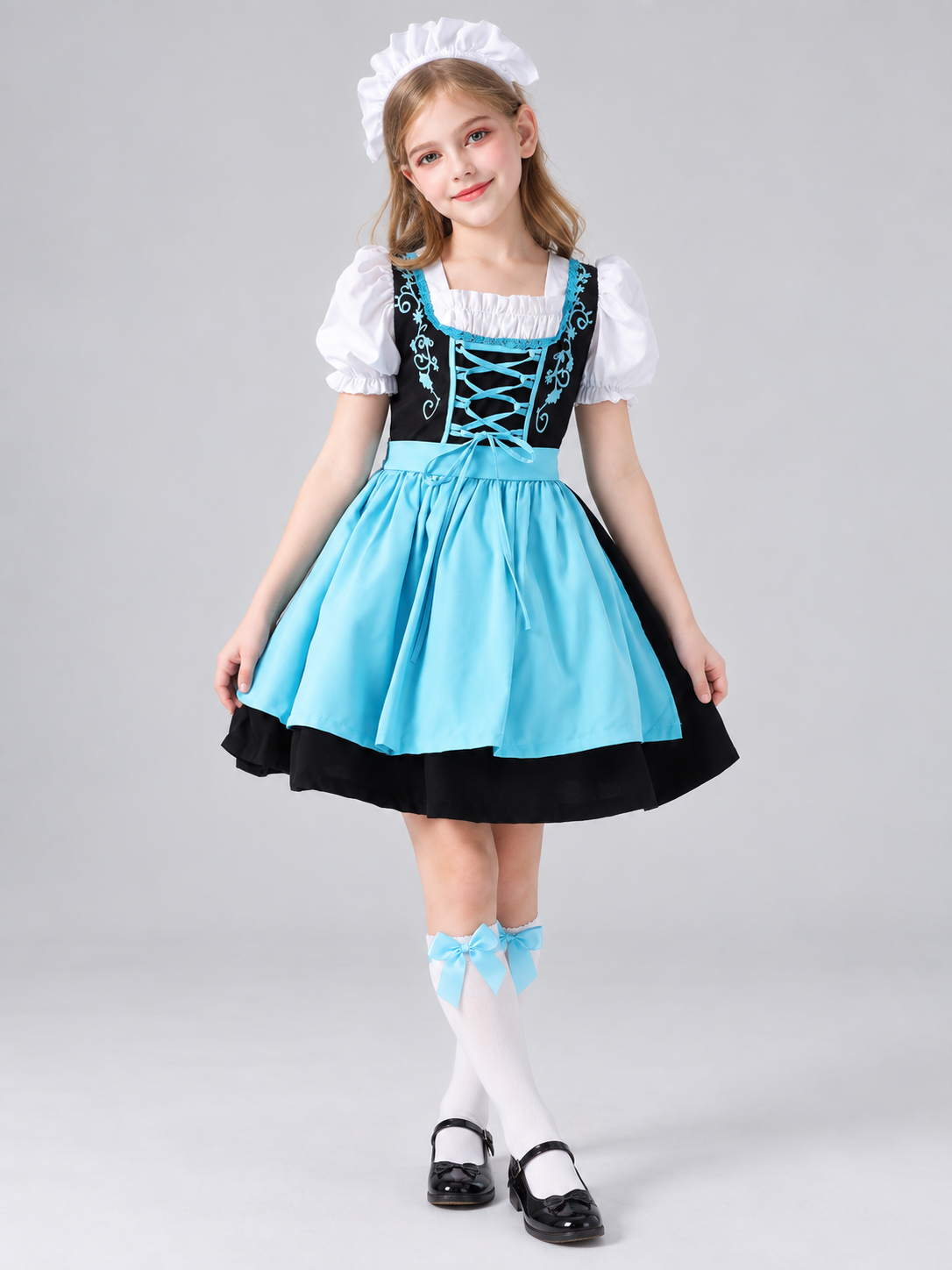 Kids' Dirndl Costume with Blue Apron and Headpiece
