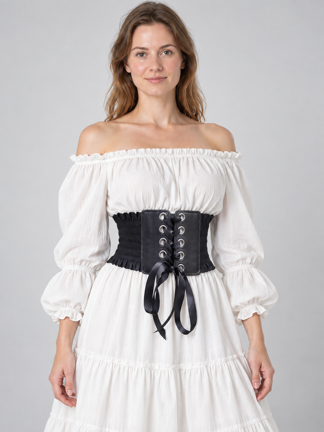 Wide Black Corset Belt with Lacing and Ruffles