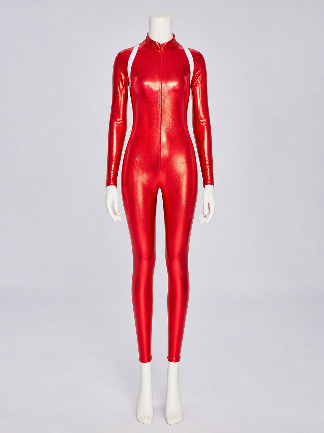 Red one-piece jumpsuit with a high collar