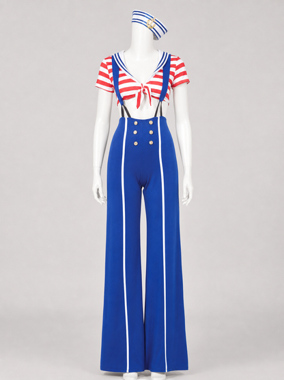 The set features a nautical style and consists of a short-sleeved top and suspender pants. The design combines white, red, blue, and gold colors. The top is decorated with red-and-white horizontal stripes, front lacing, and an open waistlin