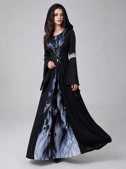 Gothic cosplay dress with hood and skulls
