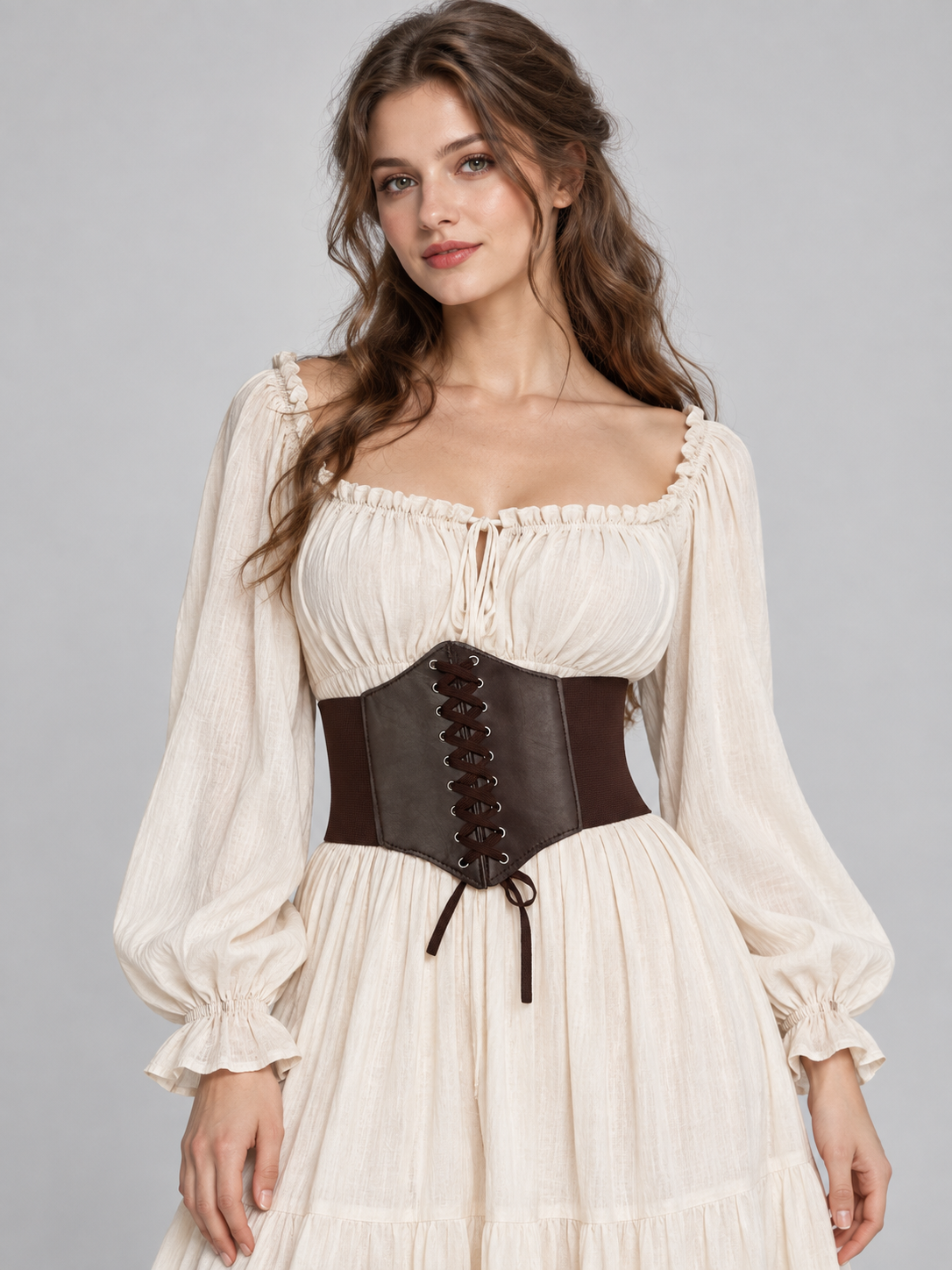 Wide dark brown corset belt with lacing and eyelets