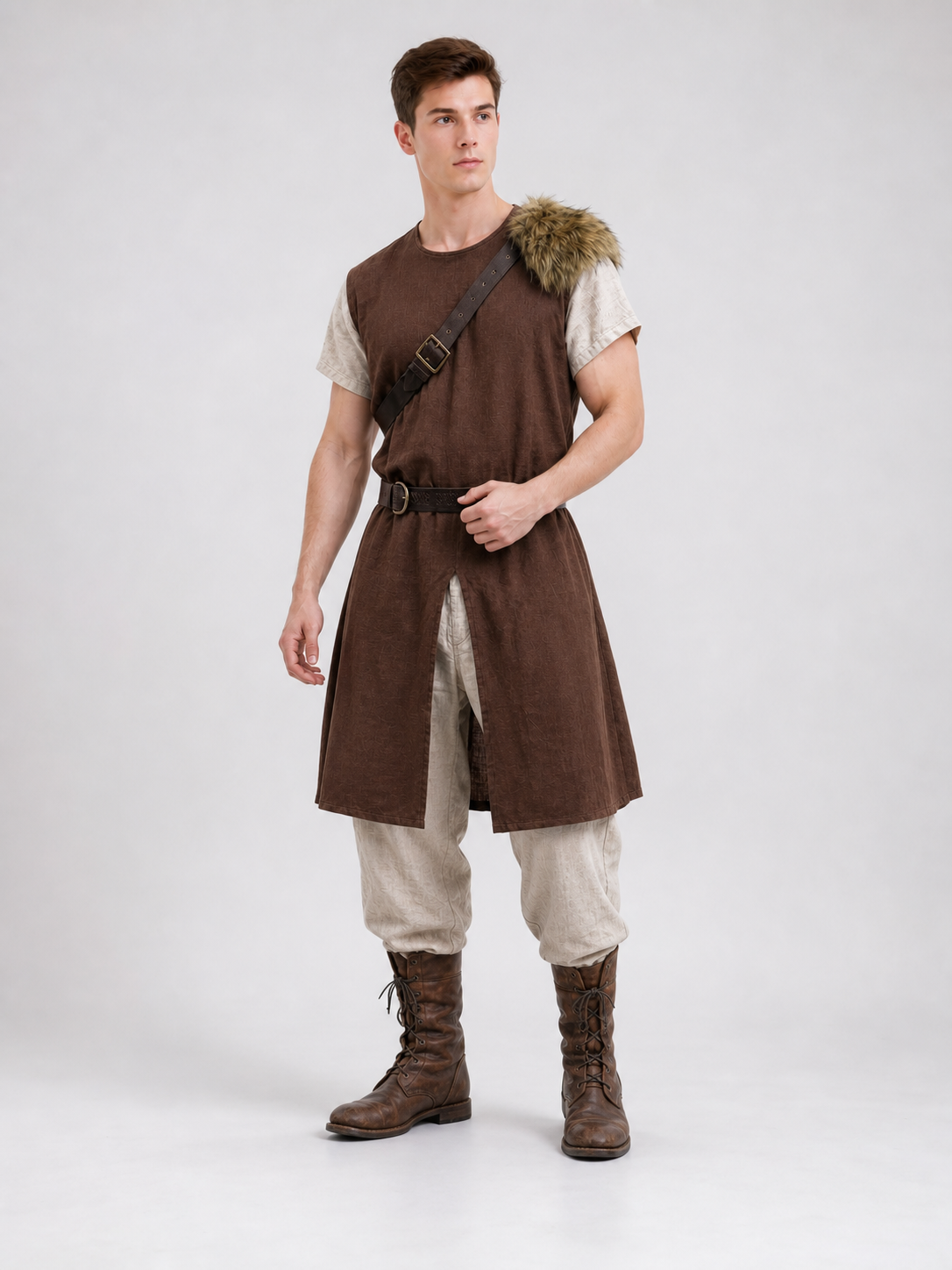 Brown sleeveless tunic with fur shoulder trim, belt and cross-body strap on a three-quarter view model wearing light trousers and boots