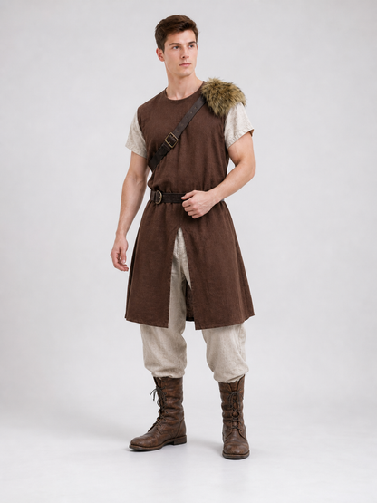 Brown sleeveless tunic with fur shoulder trim, belt and cross-body strap on a three-quarter view model wearing light trousers and boots
