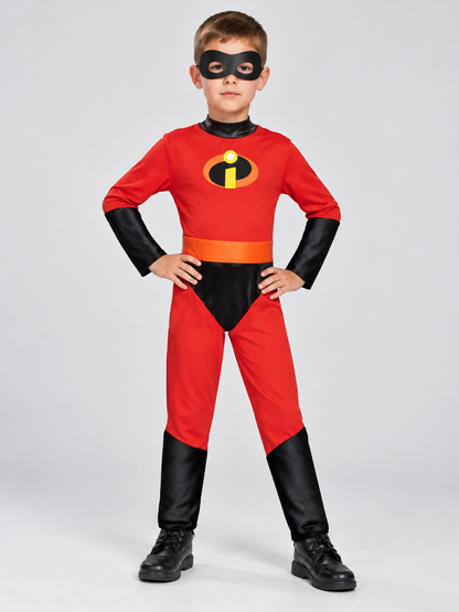 Kids' superhero costume with red jumpsuit and mask
