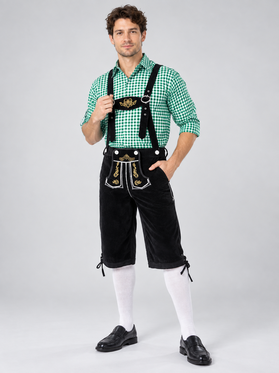 Oktoberfest Costume: Green Plaid, Black Breeches
