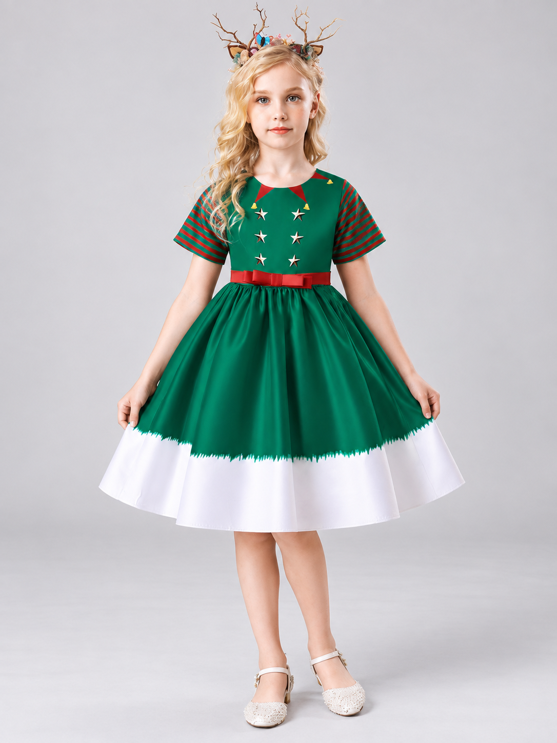 Green Kids' Holiday Dress with Stars and Bow