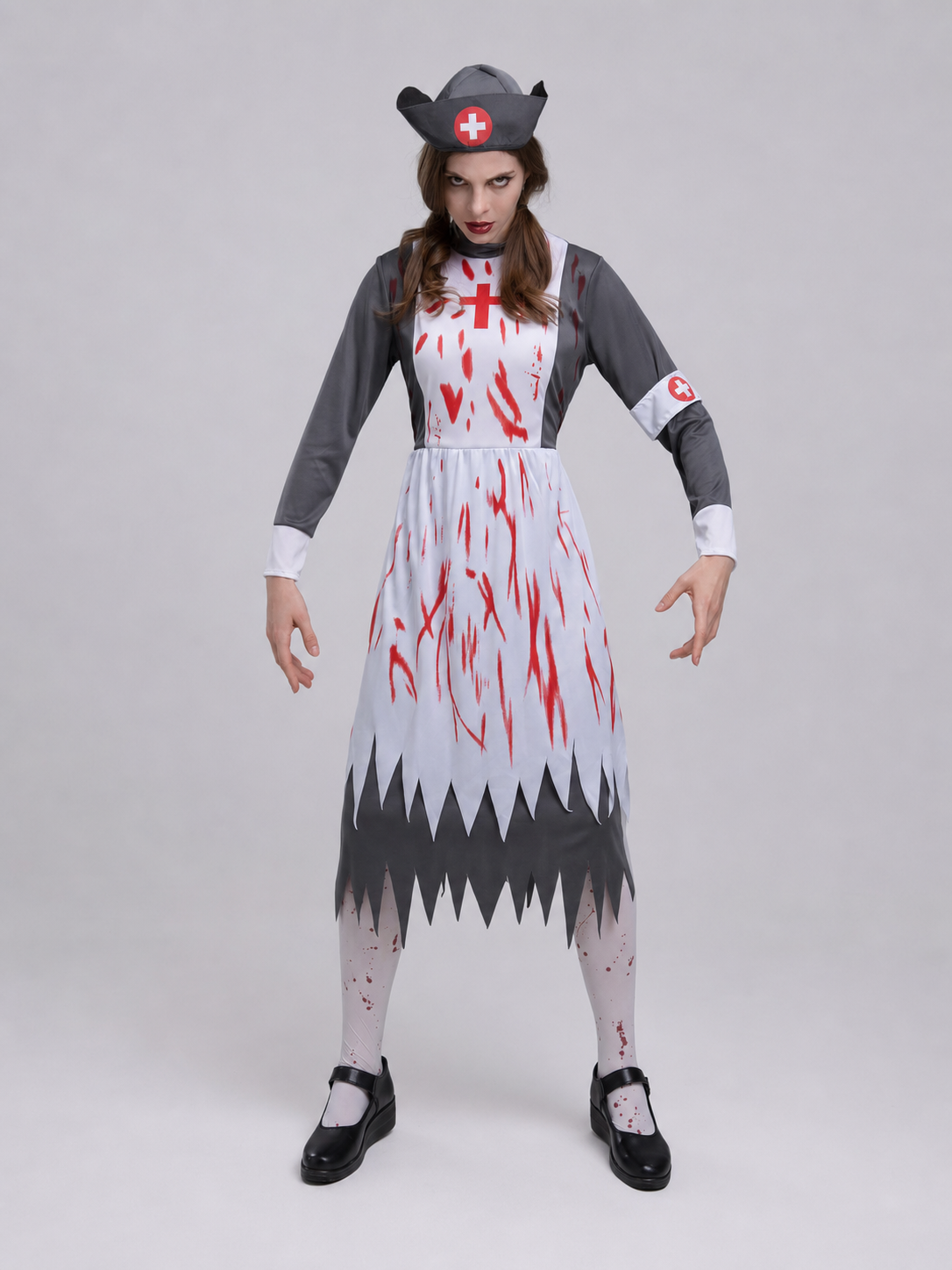 Nurse Costume with Red Crosses and Blood-Like Prints
