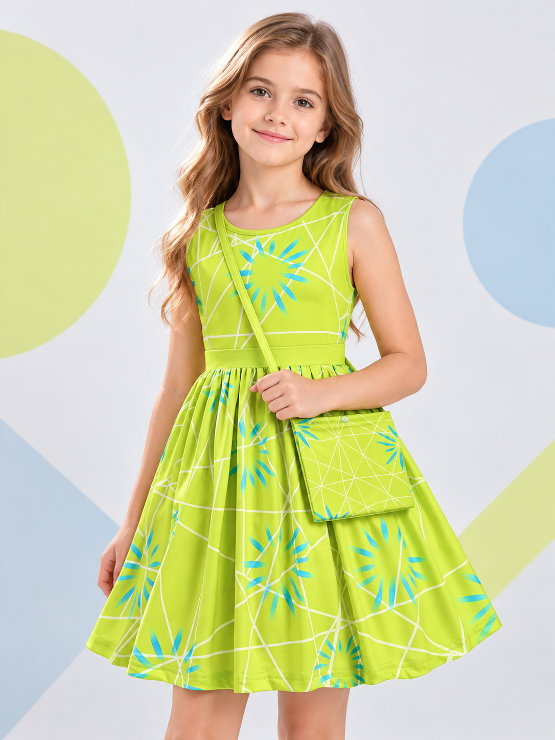 Girls' Festive Dress Yellow-Green with Bag