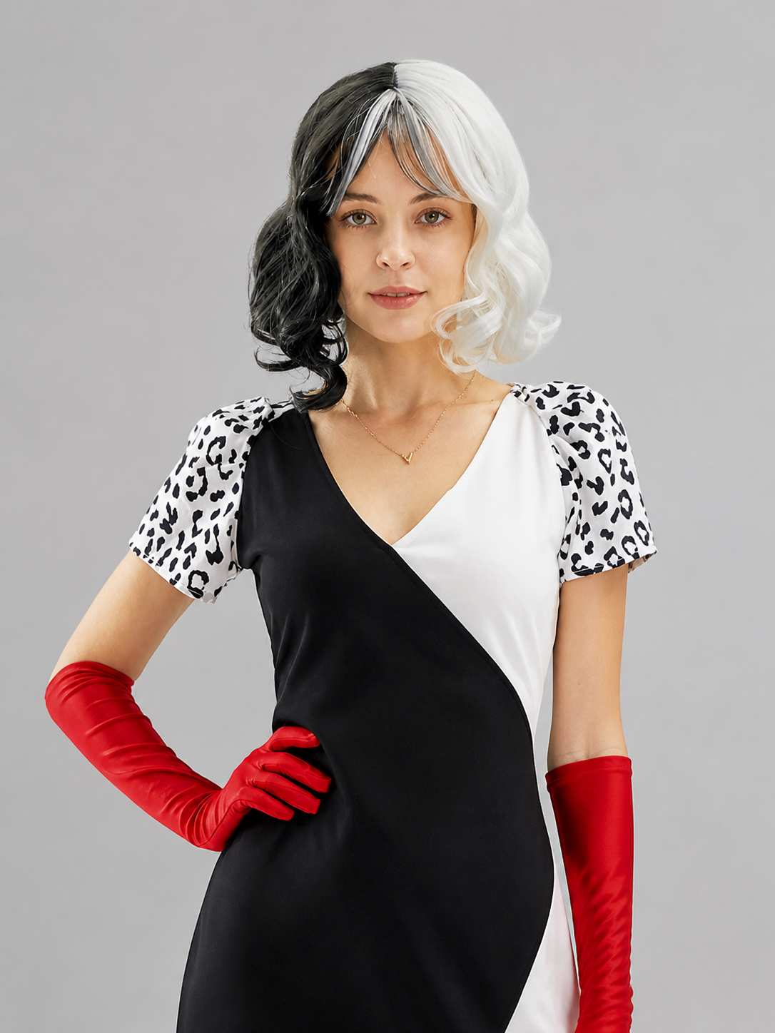 Black and White Carnival Wig with Medium-Length Curls Costume Wigs detail