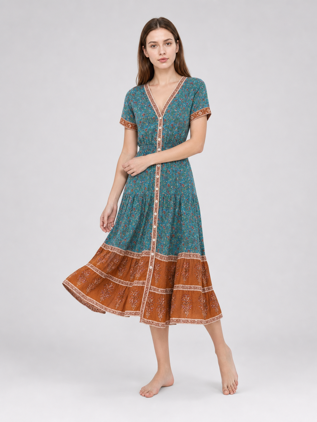 Printed Midi Dress with Short Sleeves