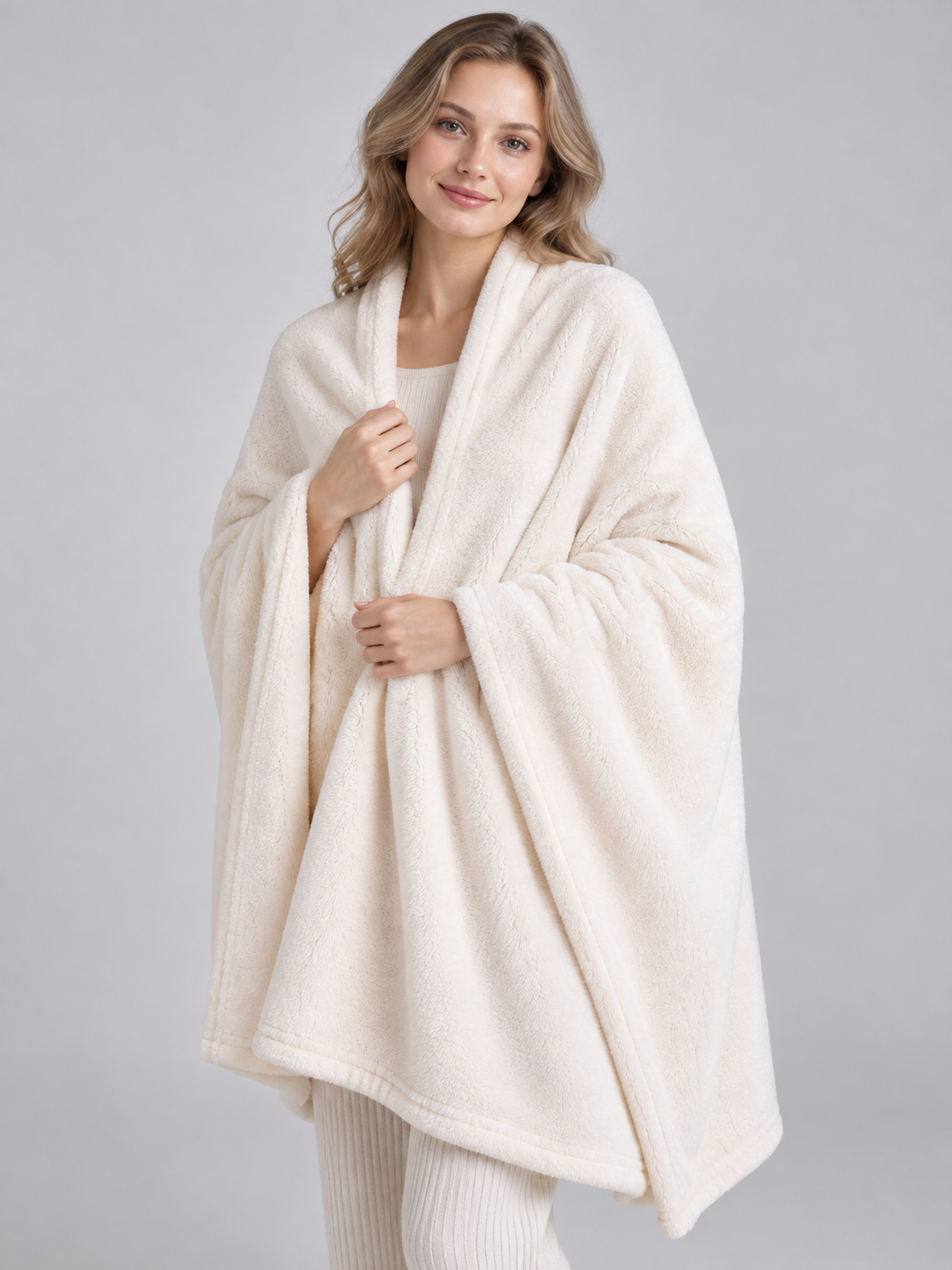 Solid light cream blanket with a fleece surface