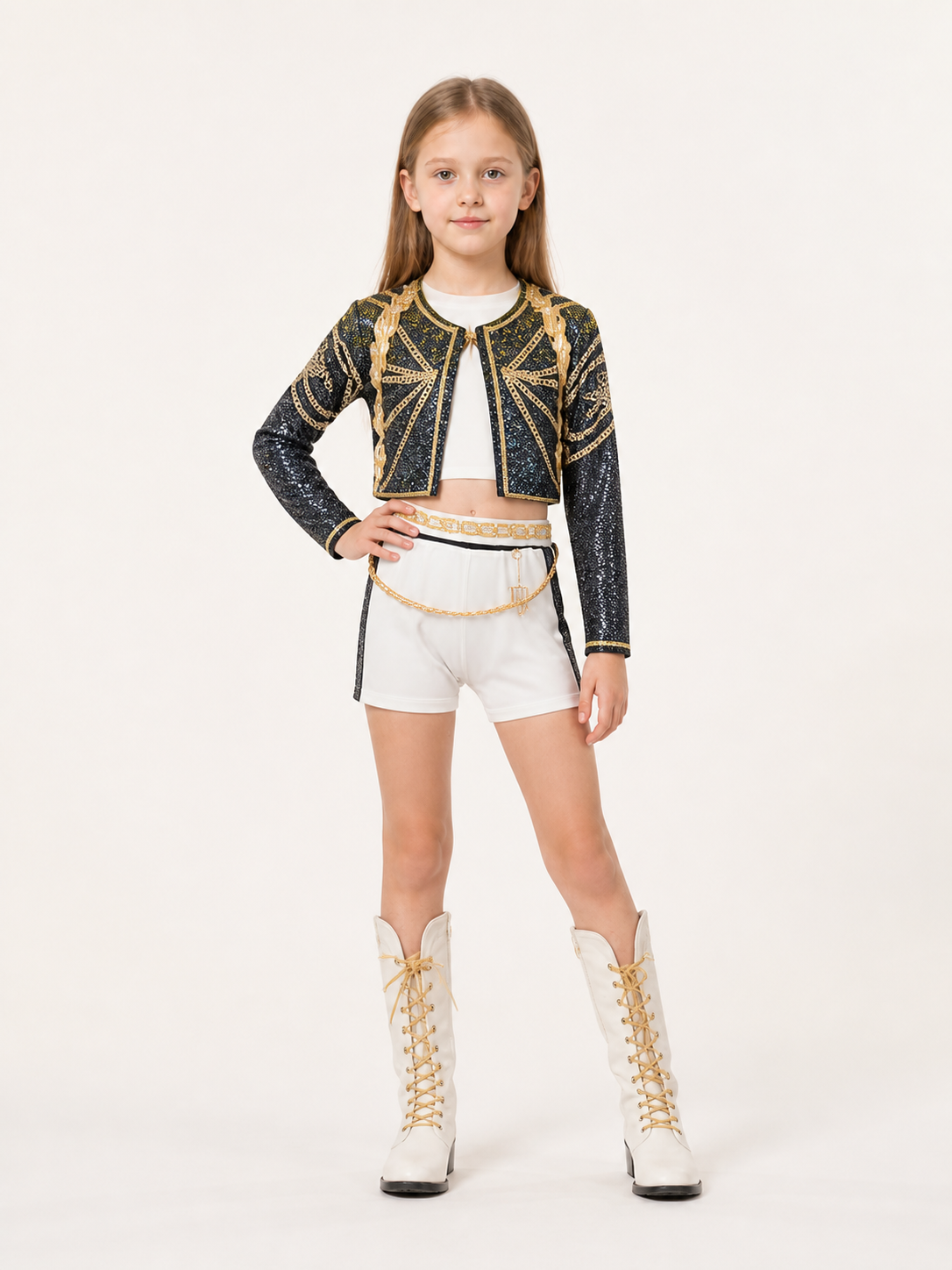 Kids' Black and White K-Pop Stage Costume Set on-model front view