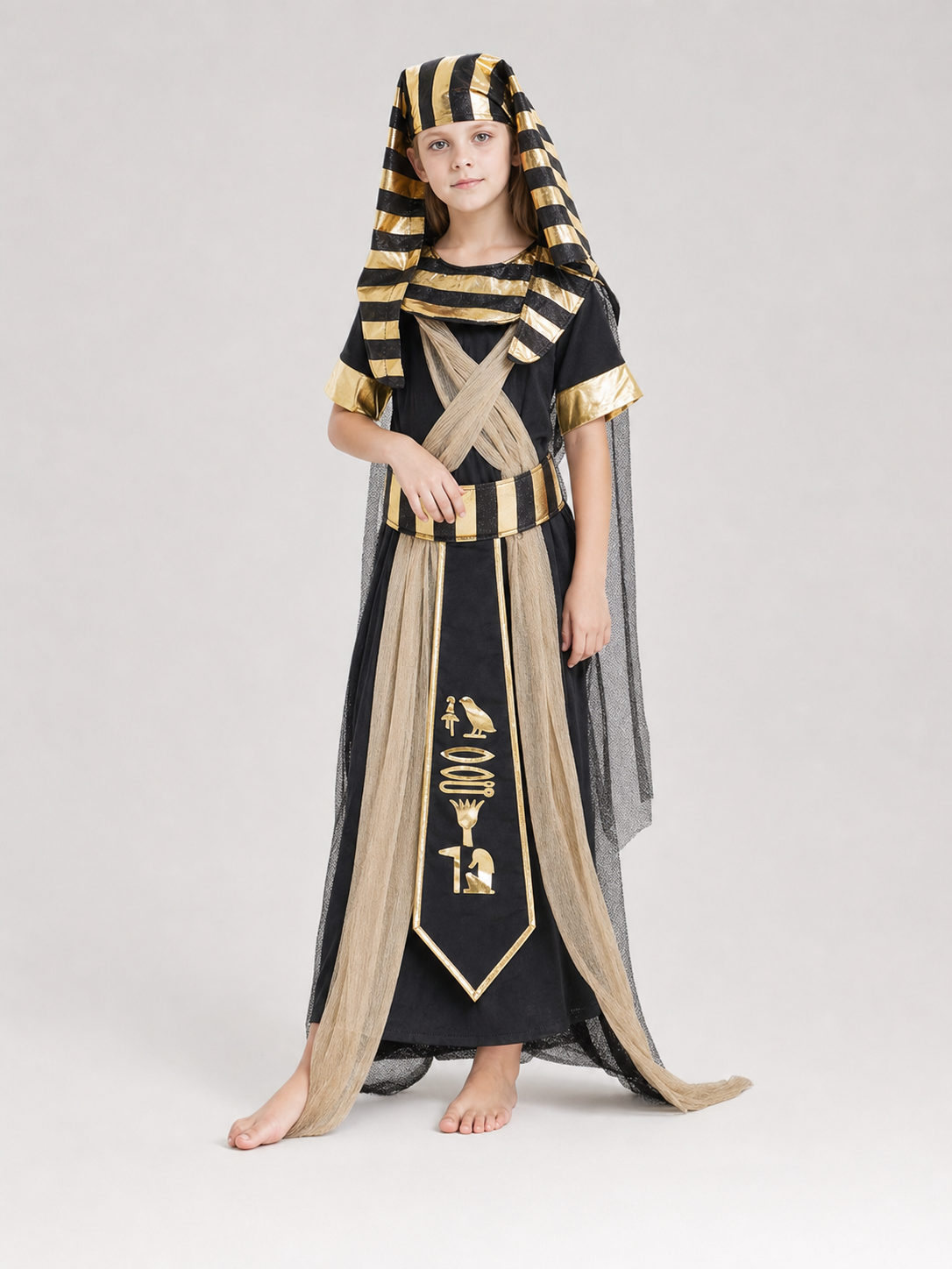 Adult Egyptian Pharaoh Costume Set, 4pcs Robe With Headdress Collar And Waist Belt, Black Gold Cosplay Outfit For Halloween Stage Performance