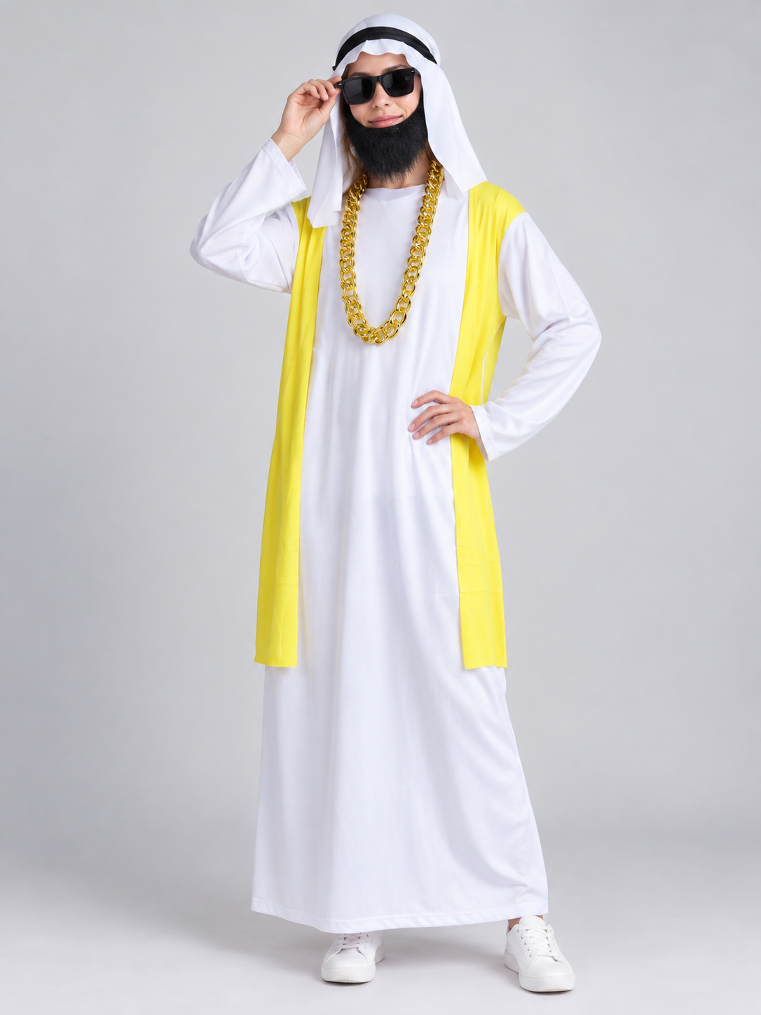 Carnival costume with scarf, beard, and chain, white and yellow