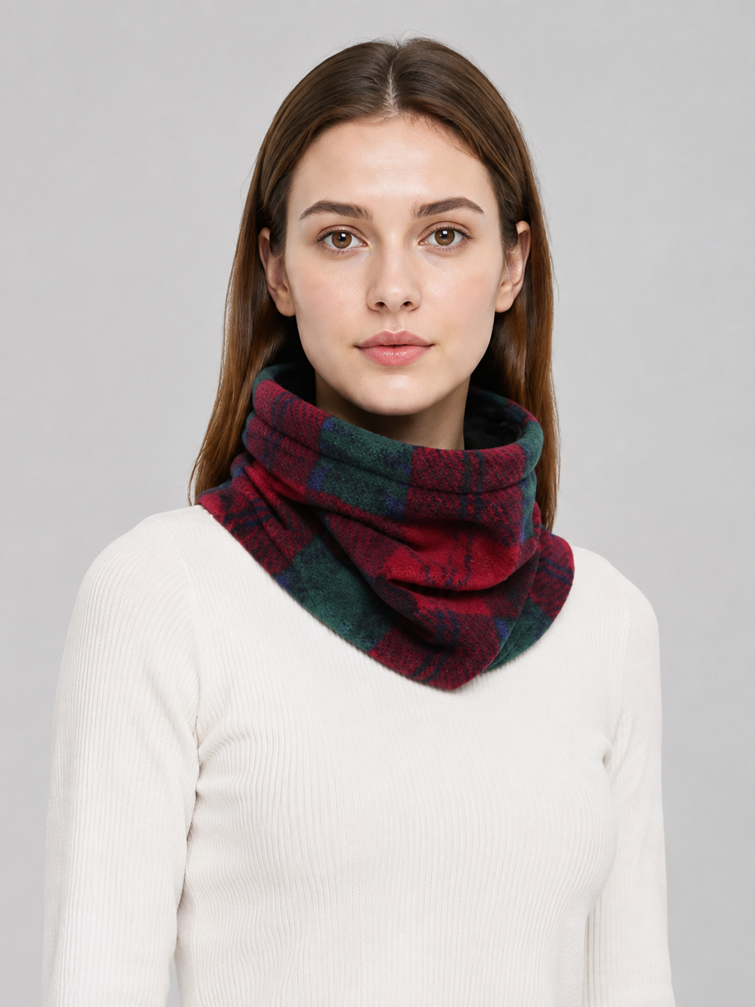 Insulated red neck gaiter with a plaid pattern product detail