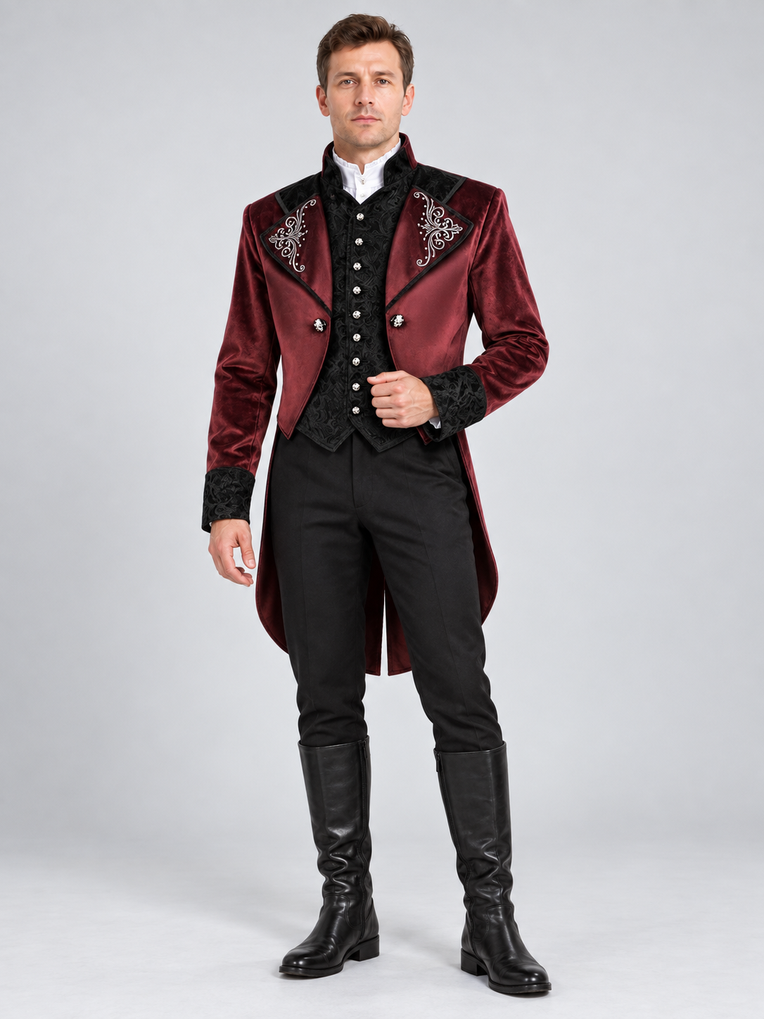 Burgundy carnival tailcoat with black lace