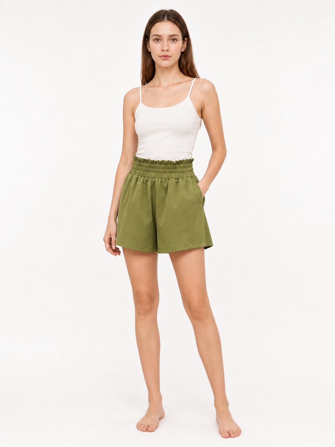Olive-Colored High-Waisted Shorts with Pockets product detail