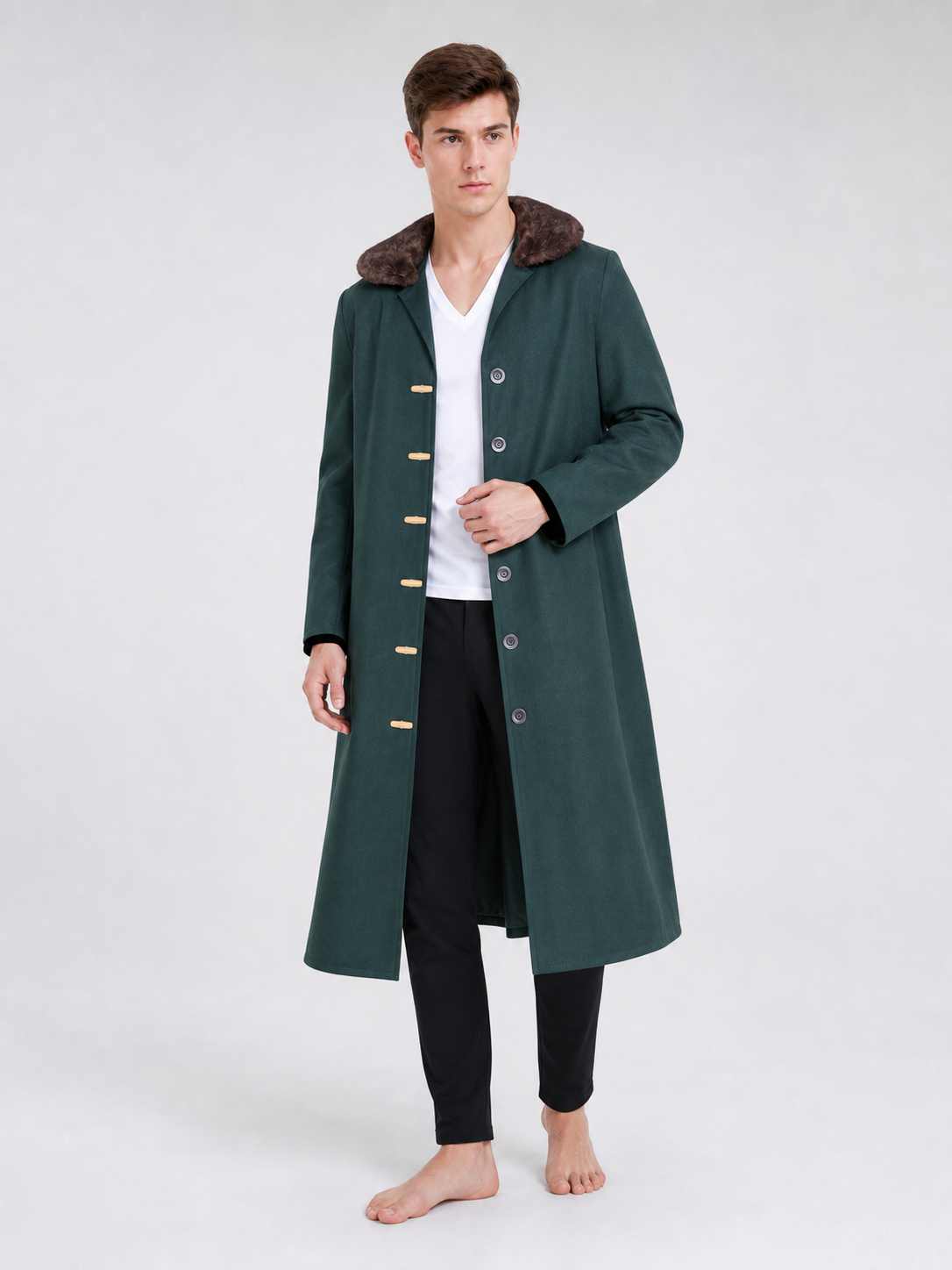 Green Long Coat with Fur Collar for Cosplay