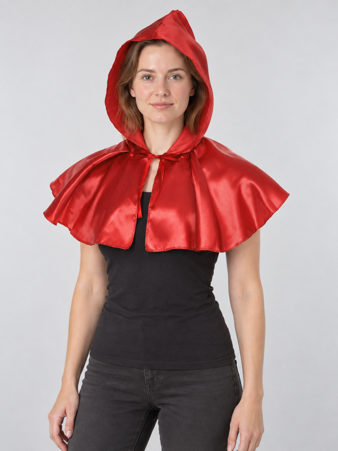 Red Short Glossy Hooded Cape with Ties