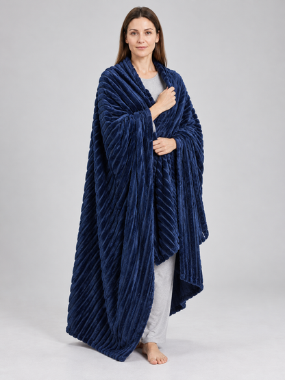 Dark Blue Flannel Blanket with Embossed Stripes