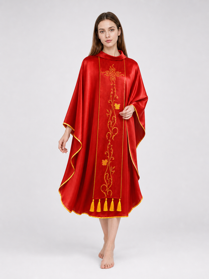 Medieval European Cosplay Vestment, Loose Sleeveless Poncho-Style Robe With Stand Collar, Gold Embroidery, Trim And Fringe For Stage Performance