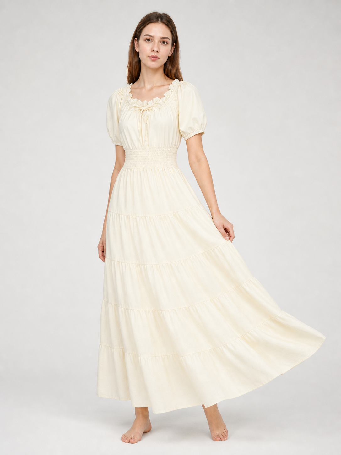 Tiered Dress with Puff Sleeves and Gathered Details