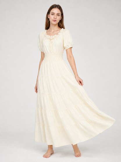 Tiered Dress with Puff Sleeves and Gathered Details