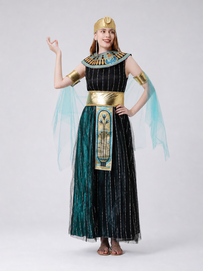 Cleopatra costume designed in an Egyptian-inspired style and decorated in a combination of black, gold, light blue, and blue-green colors. The outfit is centered around a black dress with a skirt and fitted upper section. Vertical sequin st