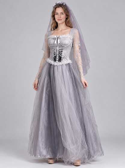 Skeleton Bride Costume with Gray Dress and Veil
