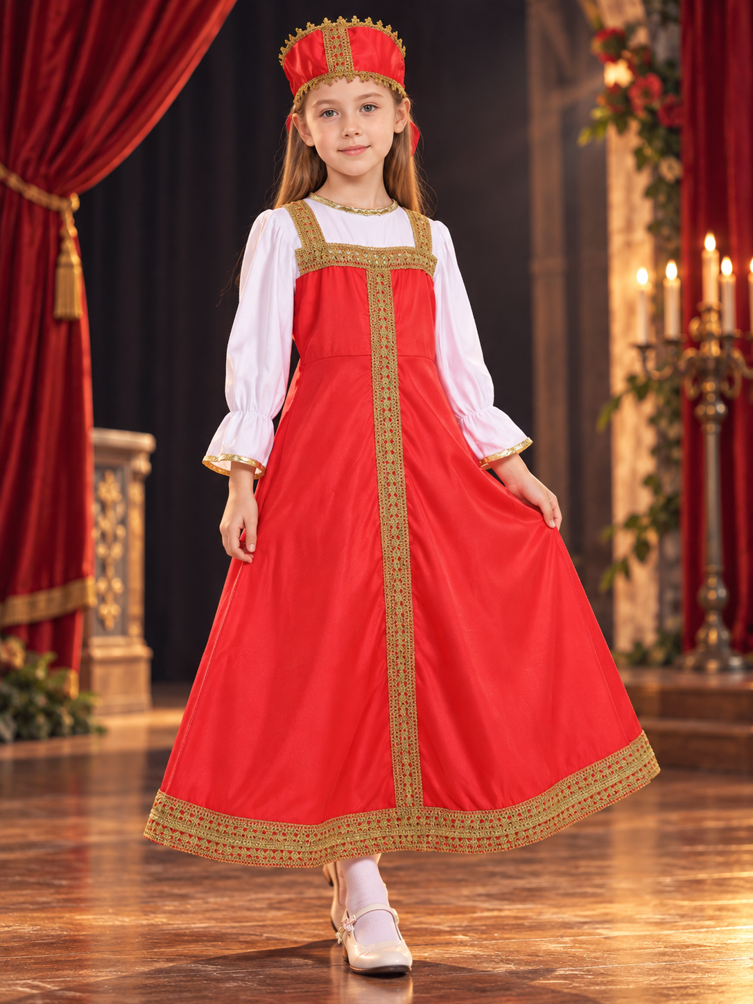 Red Carnival Dress with Gold-Toned Trim Costume Dresses detail