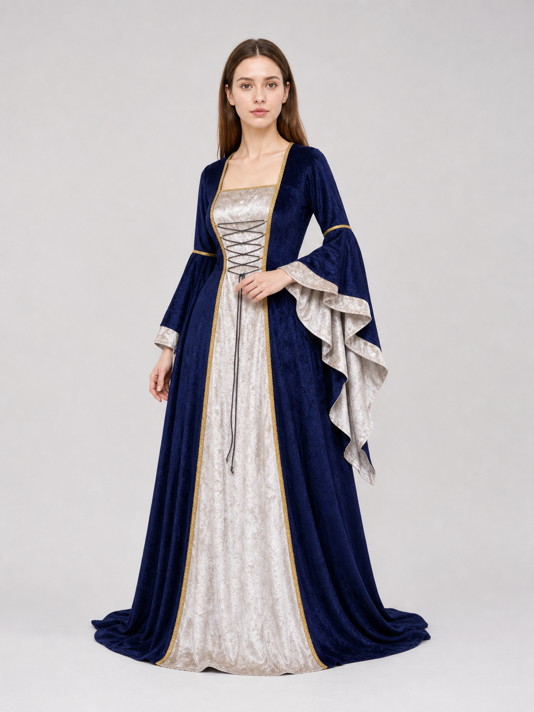 Gothic medieval-style dress made of textile fabric, featuring a floor-length design with a full skirt and flared sleeves. The sleeves are accented with tiered ruffles that emphasize the costume’s historical character. The main color is deep