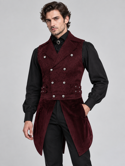 Tailcoat Vest Burgundy Jacquard Double-Breasted