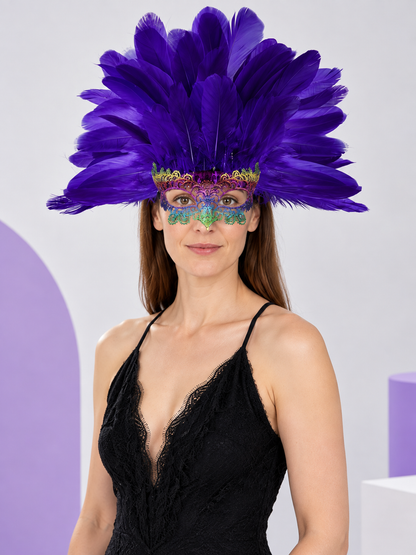 Feather Carnival Headpiece with Mask, Purple