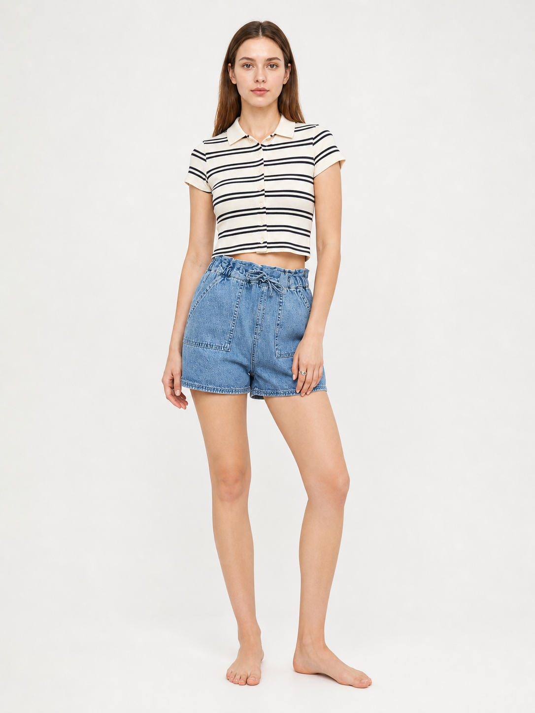 Light Blue Relaxed-Fit Denim Shorts with an Elastic Waistband and Drawstring product detail