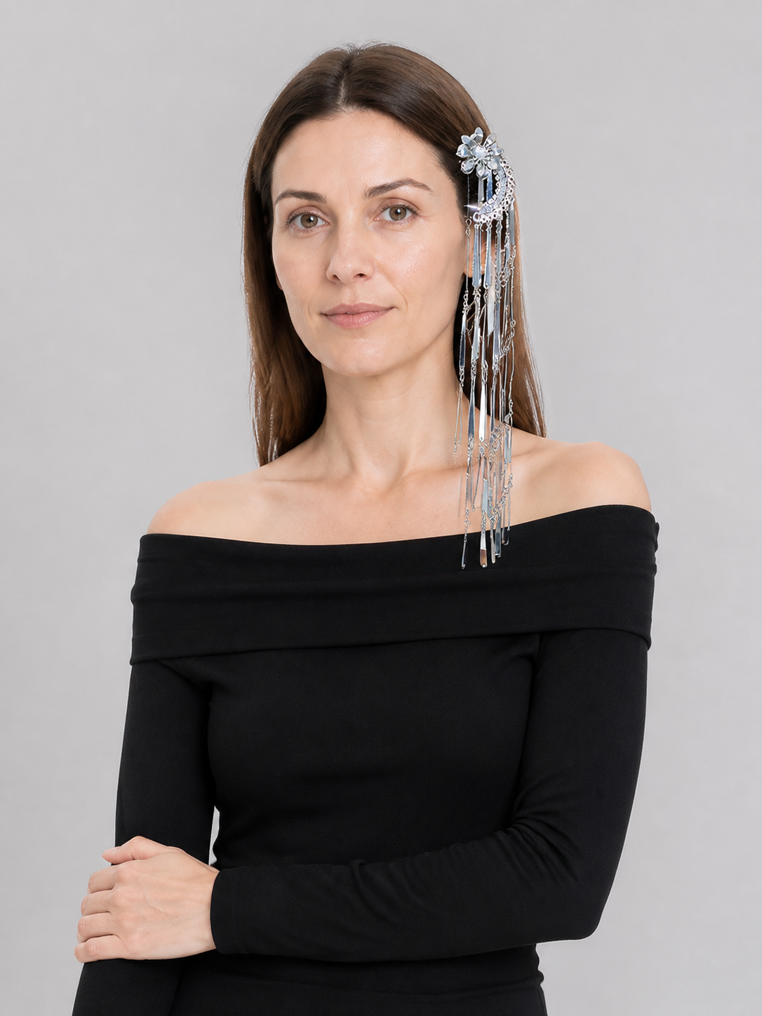 Hair Clip with Moon and Flower, Long Chains product detail