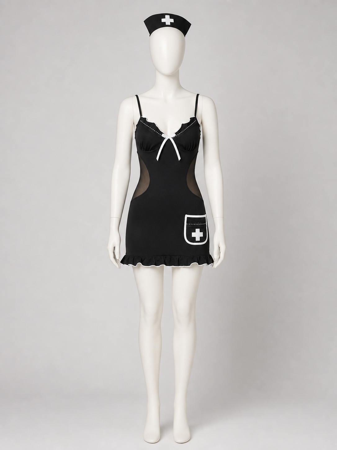Nurse costume, black dress with white trim