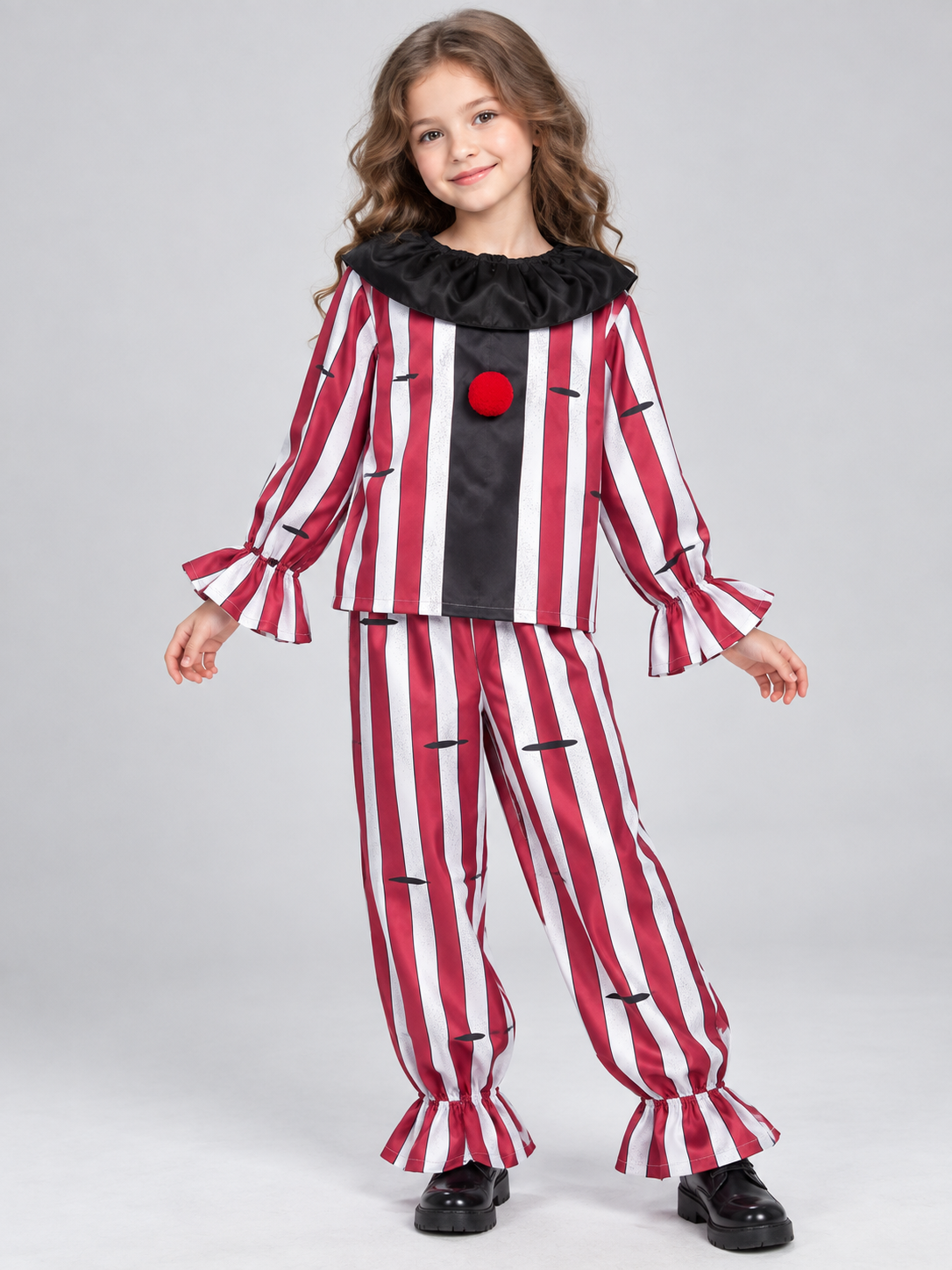 Red and white clown costume with black collar and pompom