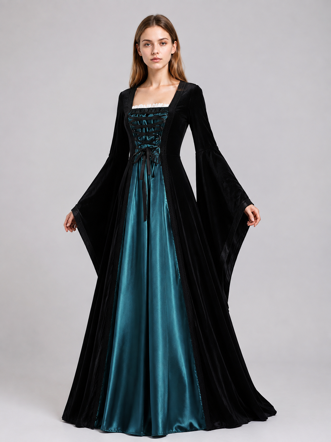 Black and Turquoise Medieval Dress with Lacing Costume Dresses detail