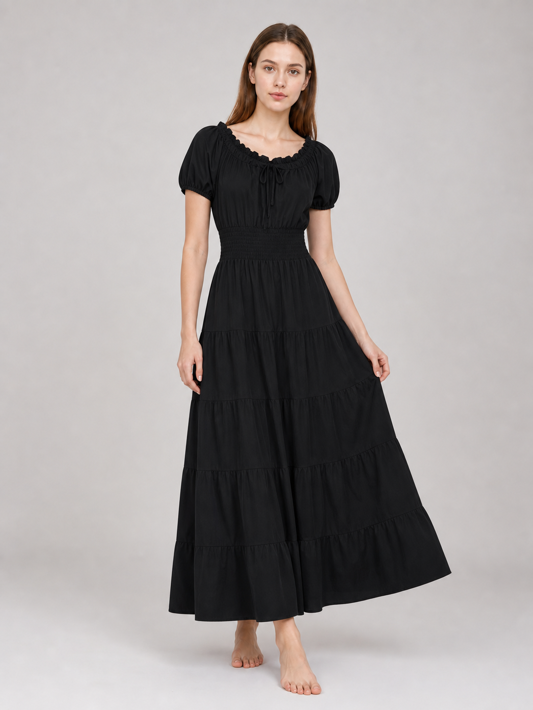 Black Tiered Maxi Dress with Gathering