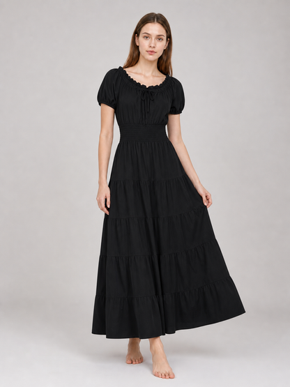 Black Tiered Maxi Dress with Gathering