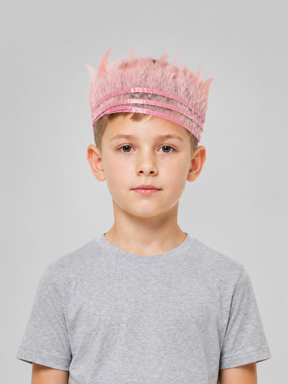 Pink feather headpiece with several horizontal pink bands, shown in a front-facing portrait on a child