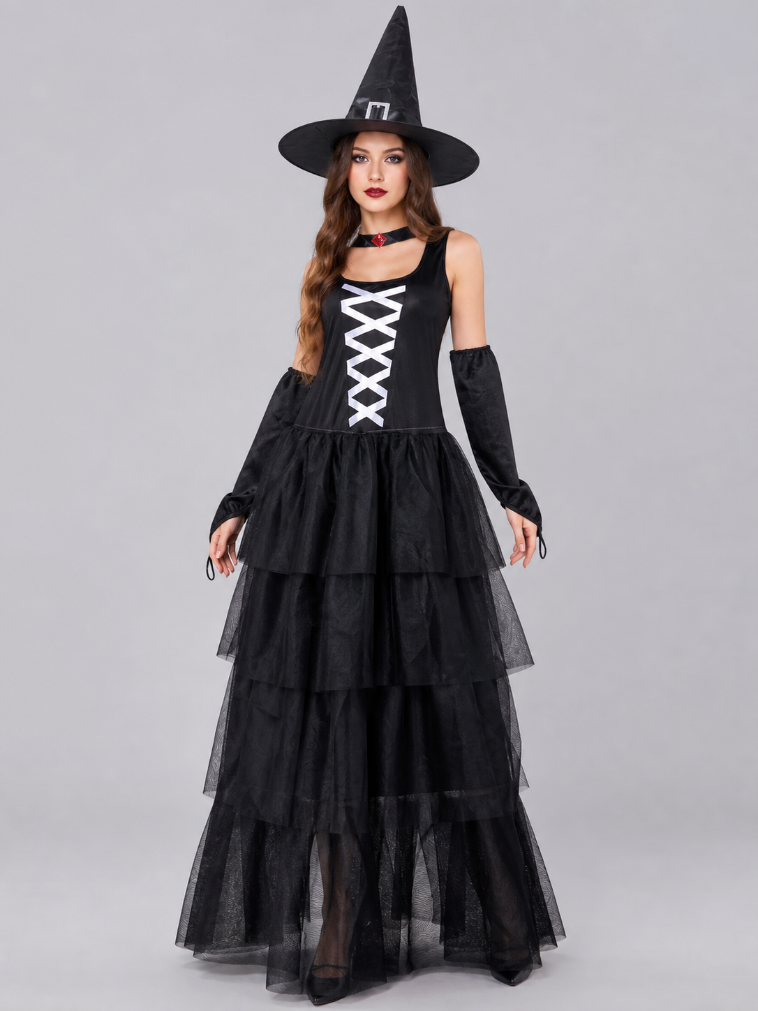 Witch Cosplay Costume with Hat and Layered Skirt