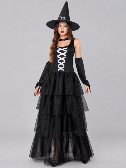 Witch Cosplay Costume with Hat and Layered Skirt
