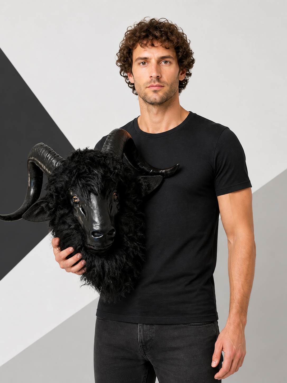 Black Goat Carnival Mask with Horns for Halloween Costume Masks detail