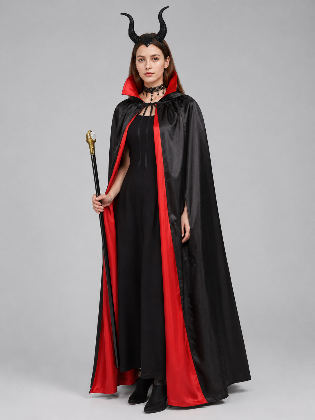 Carnival Costume with Black Cape, Horns, and Staff Costume Capes detail