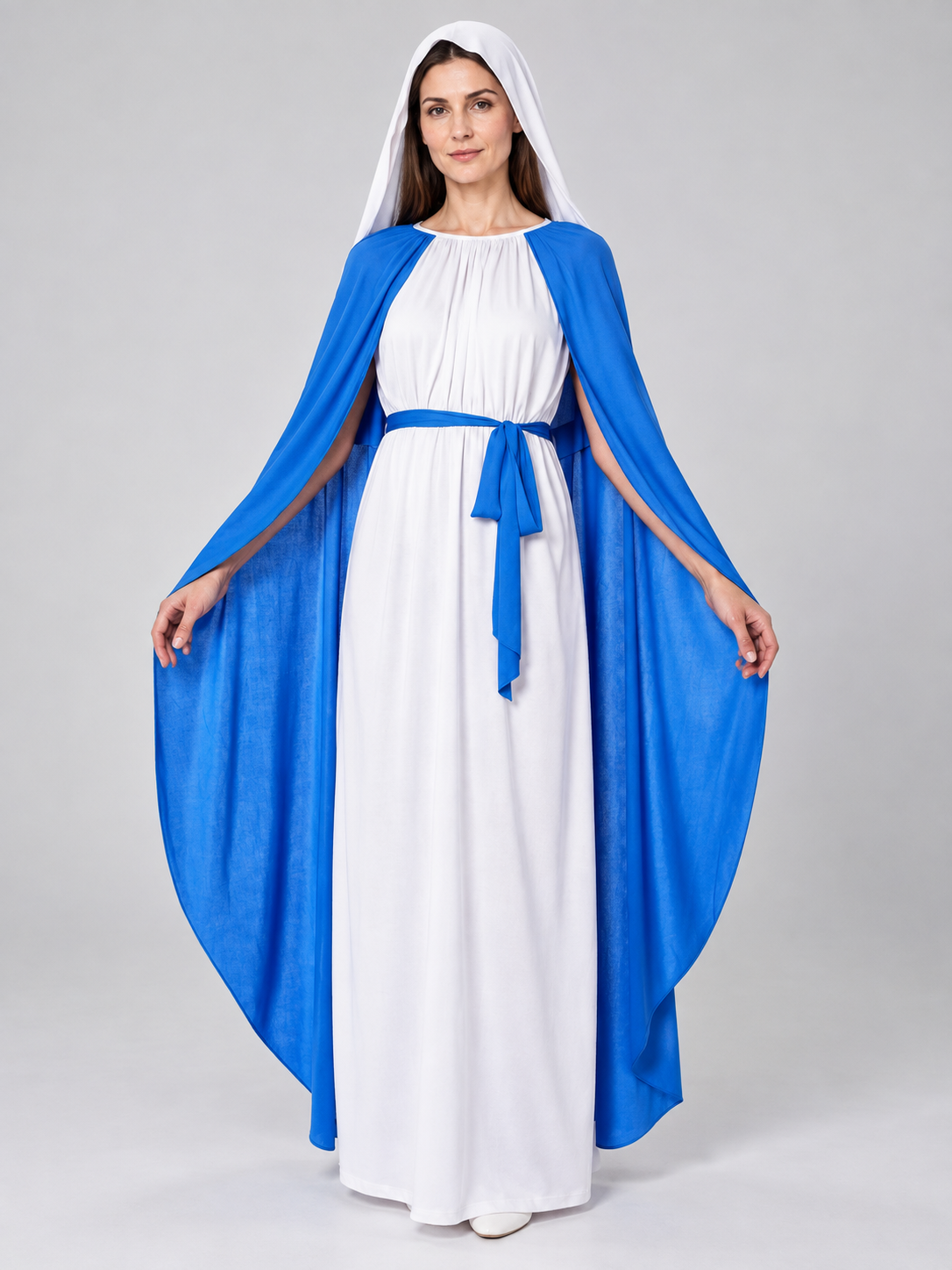 White and Blue Carnival Costume with Long Cape Costume Capes detail